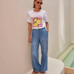 Jean large taille élastiquée, denim léger