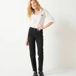 Jean noir coupe droite taille haute avec strass