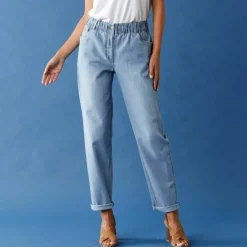 Jean stretch coupe mom confort, taille élastiquée