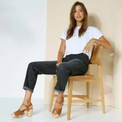 Jean stretch coupe mom confort, taille élastiquée