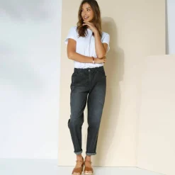 Jean stretch coupe mom confort, taille élastiquée