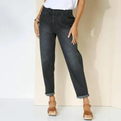 Jean stretch coupe mom confort, taille élastiquée