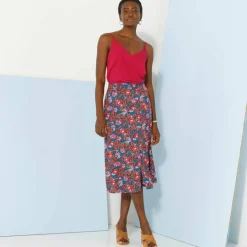 Jupe boutonnée fleuri unie, viscose