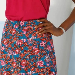 Jupe boutonnée fleuri unie, viscose