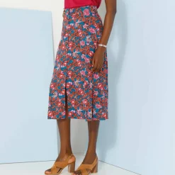 Jupe boutonnée fleuri unie, viscose
