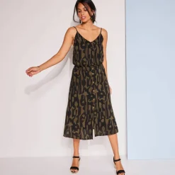 Jupe boutonnée fluide imprimé graphique, viscose
