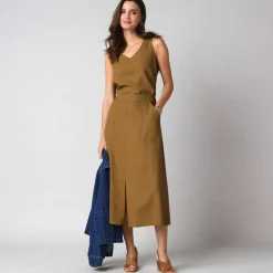 Jupe longue fluide fendue, en viscose lin