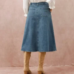 Jupe longue évasée boutonnée devant, denim stretch