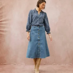 Jupe longue évasée boutonnée devant, denim stretch