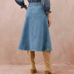 Jupe longue évasée boutonnée devant, denim stretch