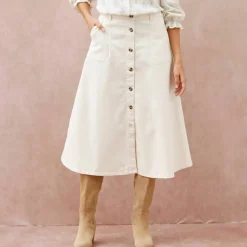 Jupe longue évasée boutonnée devant, twill stretch