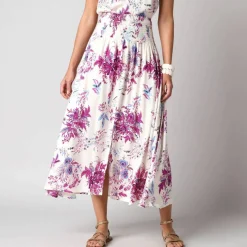 Jupe longue évasée imprimé floral, taille smockée