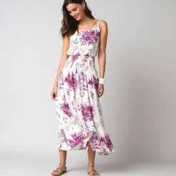 Jupe longue évasée imprimé floral, taille smockée