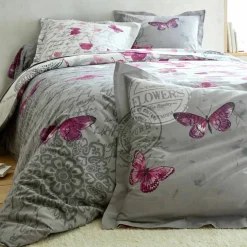 Linge de lit Célestine en coton imprimé fleurs et papillons