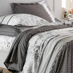 Linge de lit Gabrielle en coton imprimé pois, fleurs et dentelle