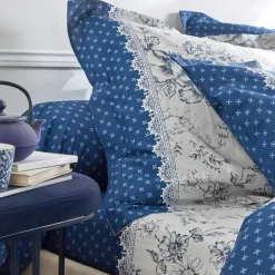 Linge de lit Gabrielle en coton imprimé pois, fleurs et dentelle