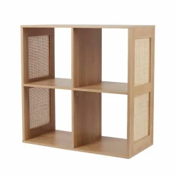 Meuble de rangement 4 cases, bois et rotin