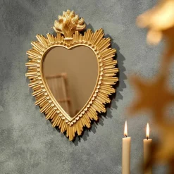 Miroir ex-voto forme cœur, polyrésine dorée
