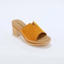 Mules compensées style sabot croûte de cuir