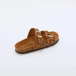 Mules en cuir 2 boucles réglables motif léopard