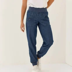 Pantalon blousant taille élastiquée, denim