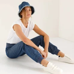 Pantalon blousant taille élastiquée, denim
