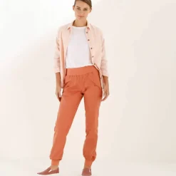 Pantalon blousant taille élastiquée, lin coton