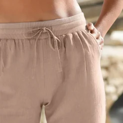 Pantalon coton-lin, taille élastiquée