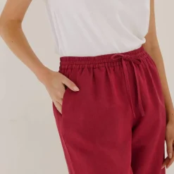 Pantalon coupe mom en coton/lin, taille élastiquée