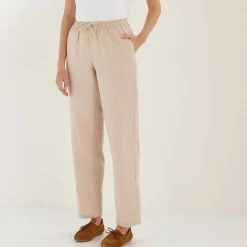 Pantalon coupe mom en coton/lin, taille élastiquée