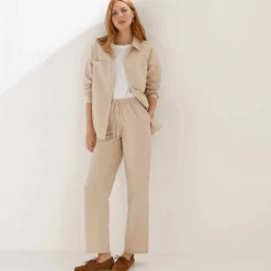Pantalon coupe mom en coton/lin, taille élastiquée