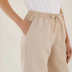 Pantalon coupe mom en coton/lin, taille élastiquée