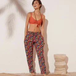 Pantalon droit imprimé, crépon fluide