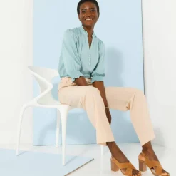 Pantalon droit large ceinturé, tissu fluide