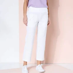 Pantalon droit 7/8ème, taille élastiquée, lin coton