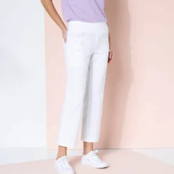 Pantalon droit 7/8ème, taille élastiquée, lin coton