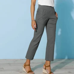 Pantalon droit 7/8ème, taille élastiquée, lin coton
