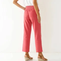 Pantalon droit 7/8ème, taille élastiquée, lin coton