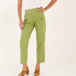 Pantalon droit 7/8ème, taille élastiquée, lin coton