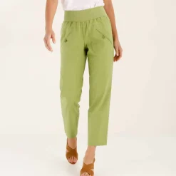 Pantalon droit 7/8ème, taille élastiquée, lin coton