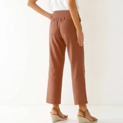 Pantalon droit 7/8ème, taille élastiquée, lin coton