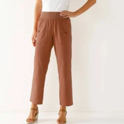 Pantalon droit 7/8ème, taille élastiquée, lin coton