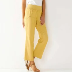 Pantalon droit 7/8ème, taille élastiquée, lin coton