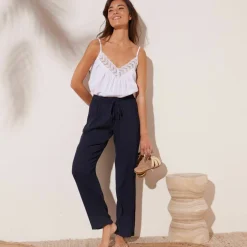 Pantalon droit uni, crépon fluide