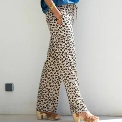 Pantalon fluide taille haute, imprimé léopard
