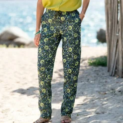 Pantalon fuselé, coton-lin imprimé ethnique