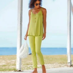 Pantalon fuselé uni, taille élastiquée