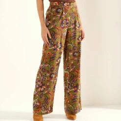 Pantalon large fluide, imprimé fleurs indiennes