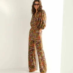 Pantalon large fluide, imprimé fleurs indiennes