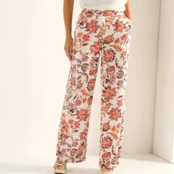 Pantalon large fluide, imprimé fleurs indiennes